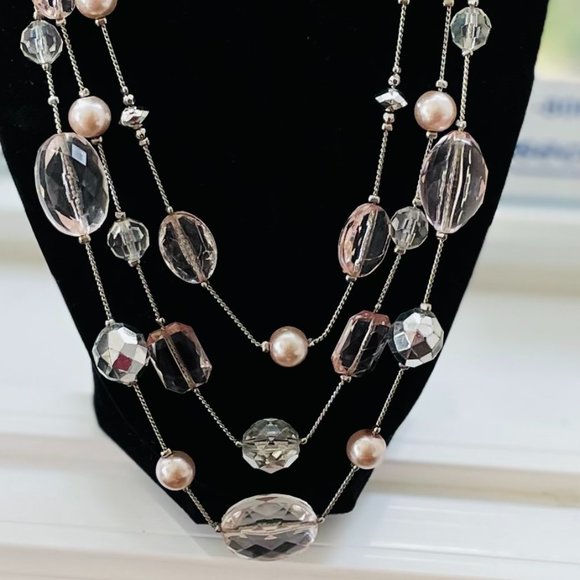 Three strands of beautiful!  Signed NY silver toned  peach, clear, silver beads - Picture 1 of 4